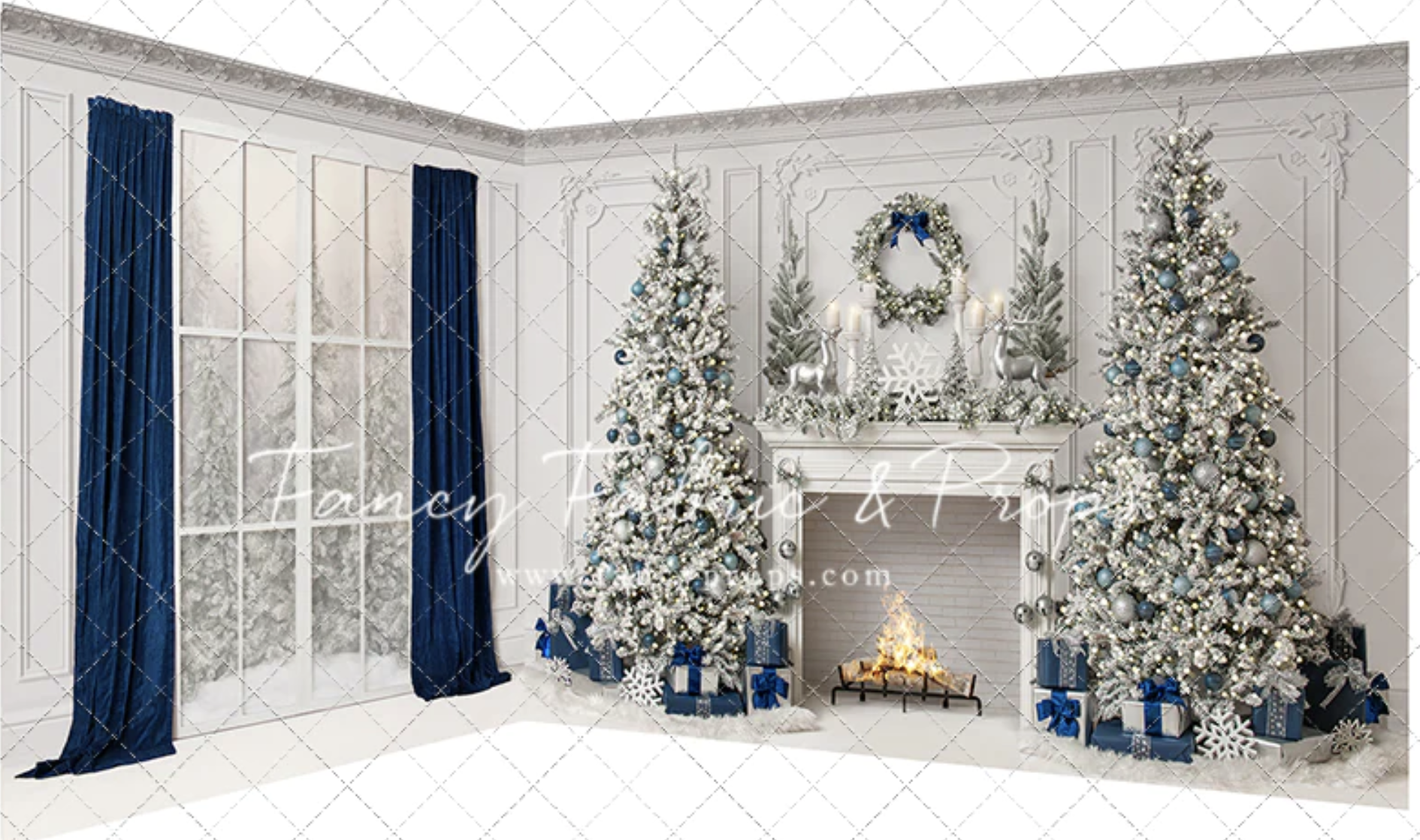 Blue mantel christmas backdrop